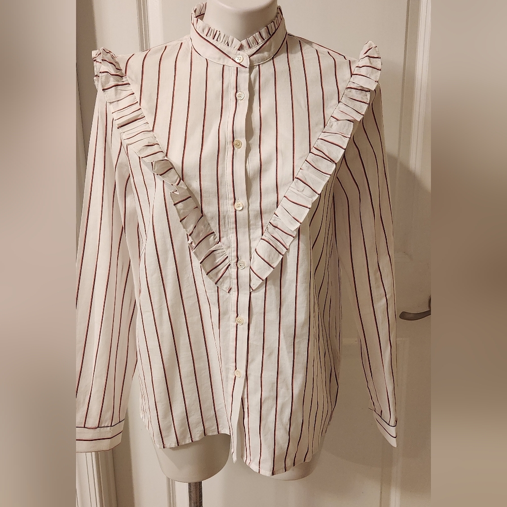 French Paris size medium button down blouse red white stripes